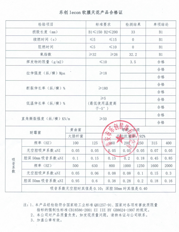 乐创软膜天花合格证